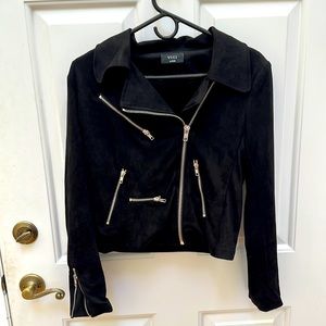VICI faux suede SOFT moto jacket with multiple zippers for style, black. Large.